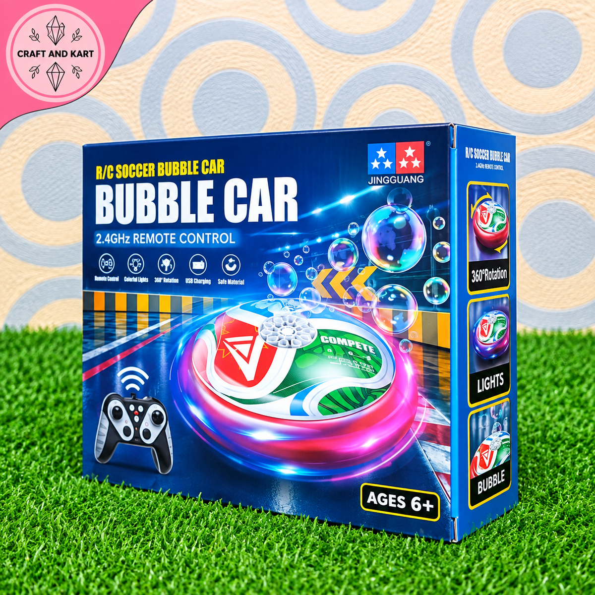 R/C Soccer Bubble Car – Remote Control Bubble Blowing Car with LED Lights, 360° Rotation & USB Charging | Kids Toy Car 6+