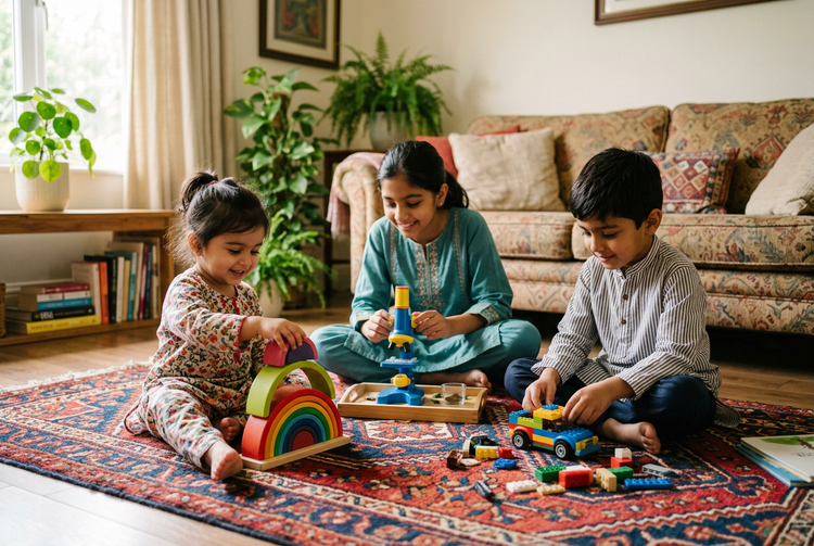 Three siblings of different ages playing with stacking rings, building bricks and a kids' microscope on a rug at home