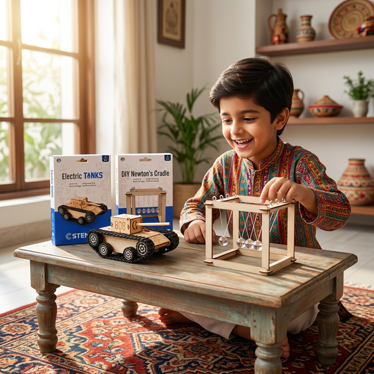 Child exploring a wooden Newton's Cradle beside an electric tank model and STEM kit boxes.