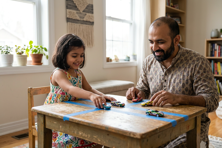 AI-generated illustration of a parent and child playing with miniature cars at home.