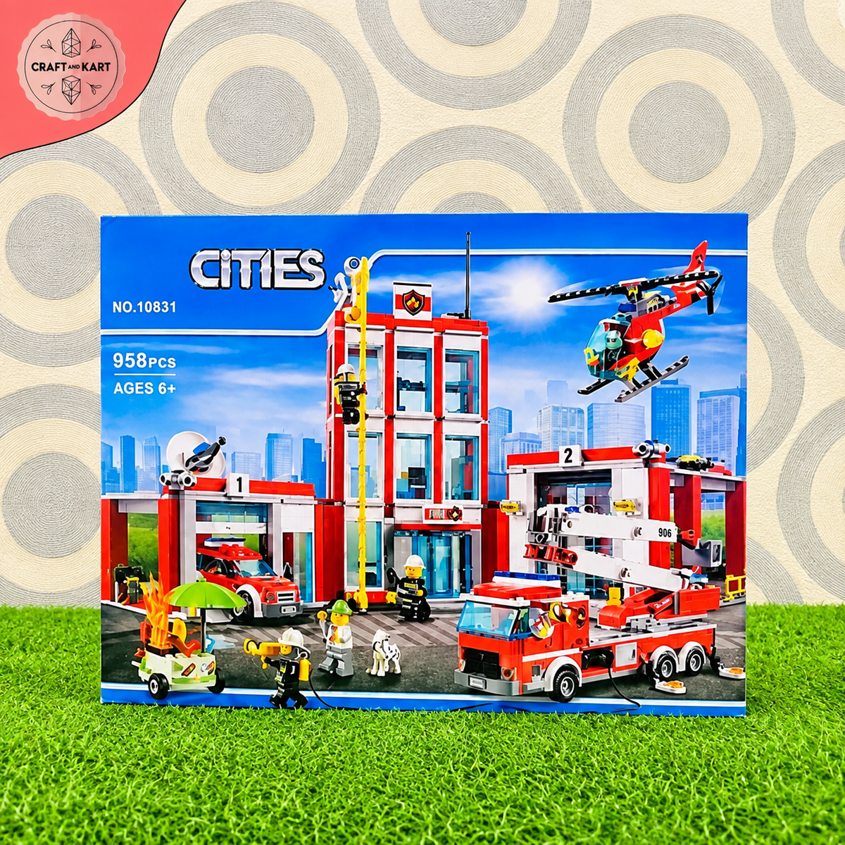 Cities Fire Station Building Blocks Set - 958 PCS Fire Rescue Helicopter & Truck Toy (No. 10831) | Craft & Kart