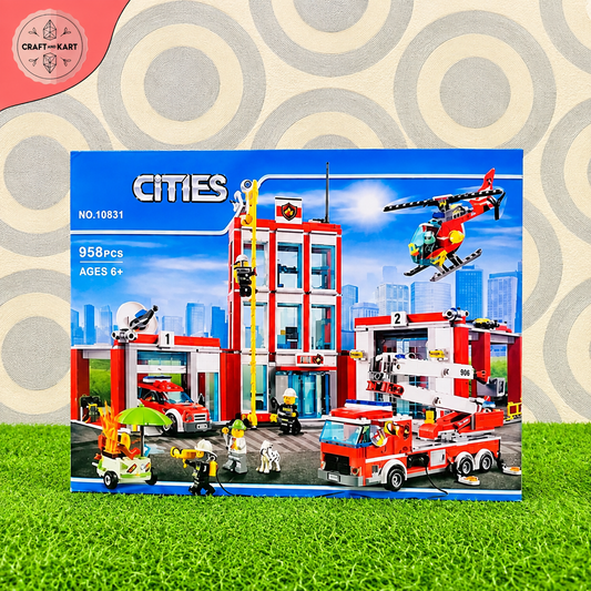 Cities Fire Station Building Blocks Set - 958 PCS Fire Rescue Helicopter & Truck Toy (No. 10831) | Craft & Kart