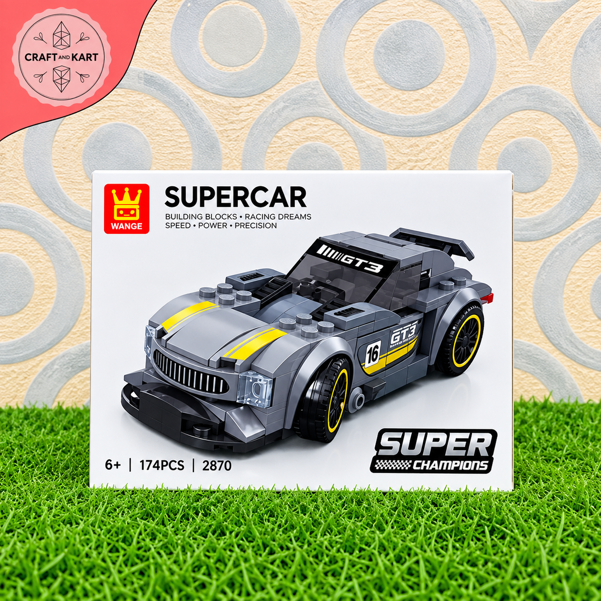 DIY GT3 Supercar Building Blocks Set – 174 Pcs Realistic Racing Car Model with Rear Spoiler, Grey & Yellow Sports Car Toy for Kids 6+ | Craft & Kart