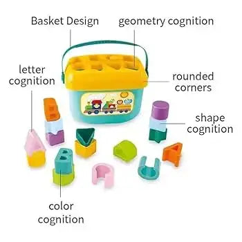 Colorful toy block set with educational labels on a white background