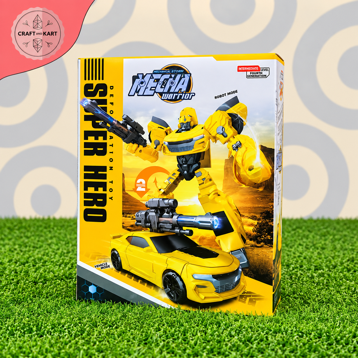 Machine Storm Mecha Warrior Yellow Car to Robot Deformation Toy | 2-in-1 Transforming Super Hero Action Figure with Blaster Weapon