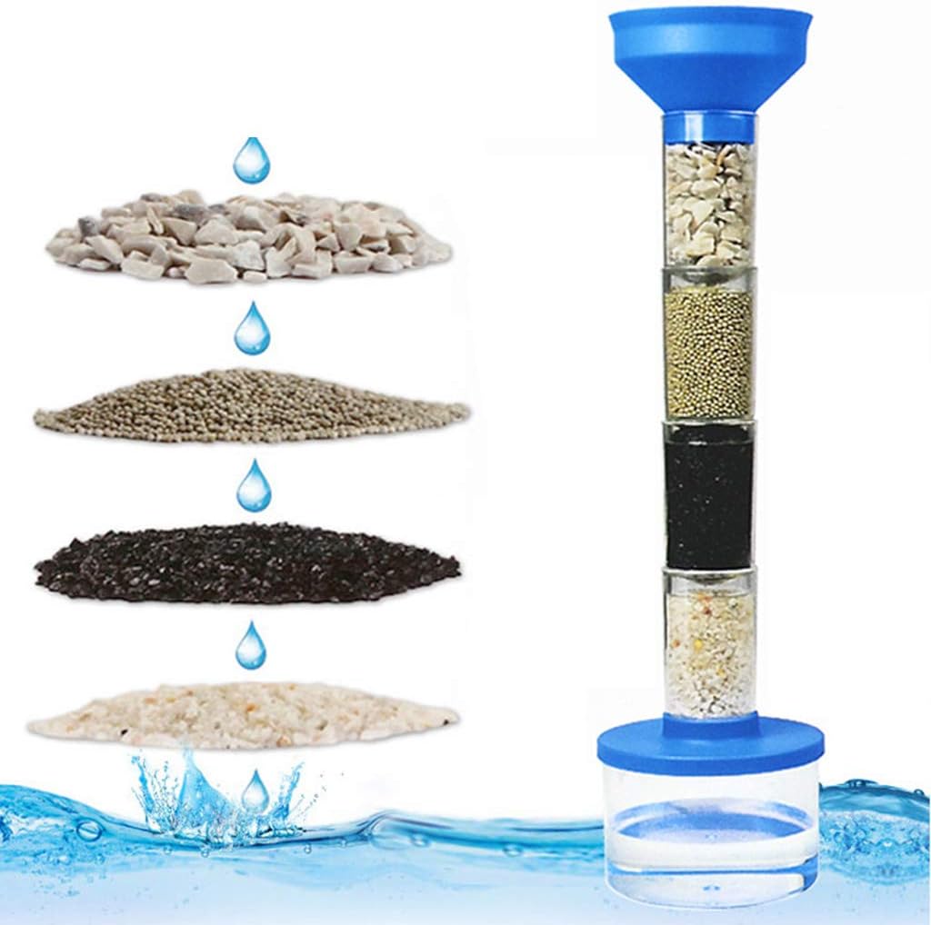 Aquarium gravel分级器 with layers of gravel and water droplets on a white background