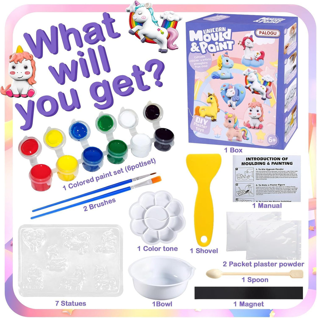 Unicorn-themed mold and paint kit with packaging and contents displayed.