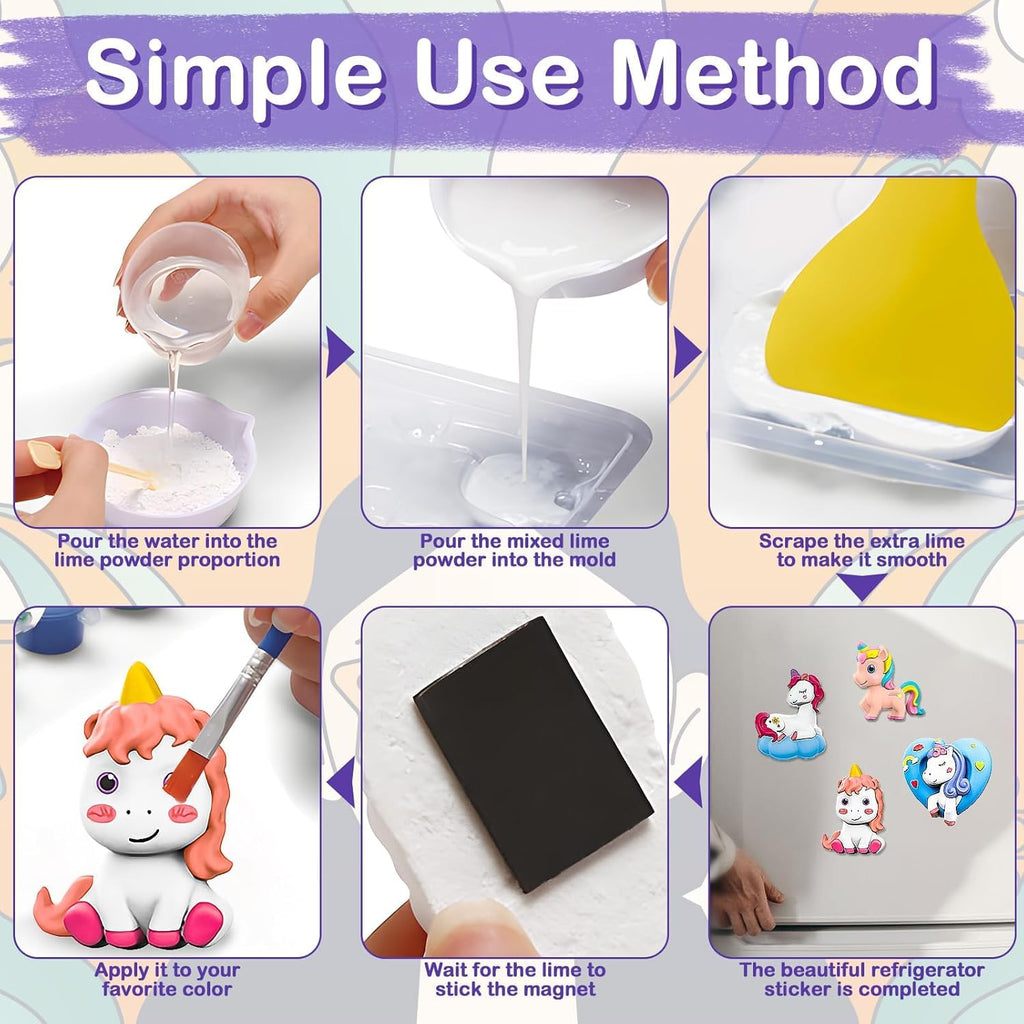 Step-by-step guide on how to use a simple method for making refrigerator stickers with unicorn design.