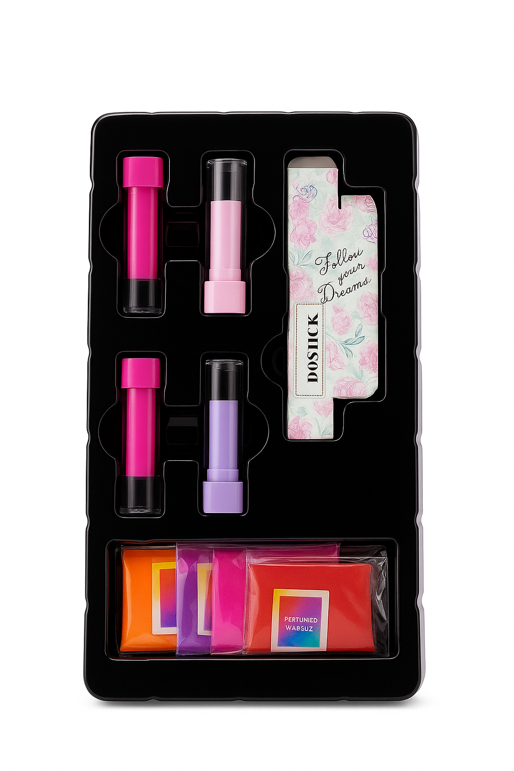 Set of lip products including lipsticks and a compact mirror in a black packaging case on a white background.