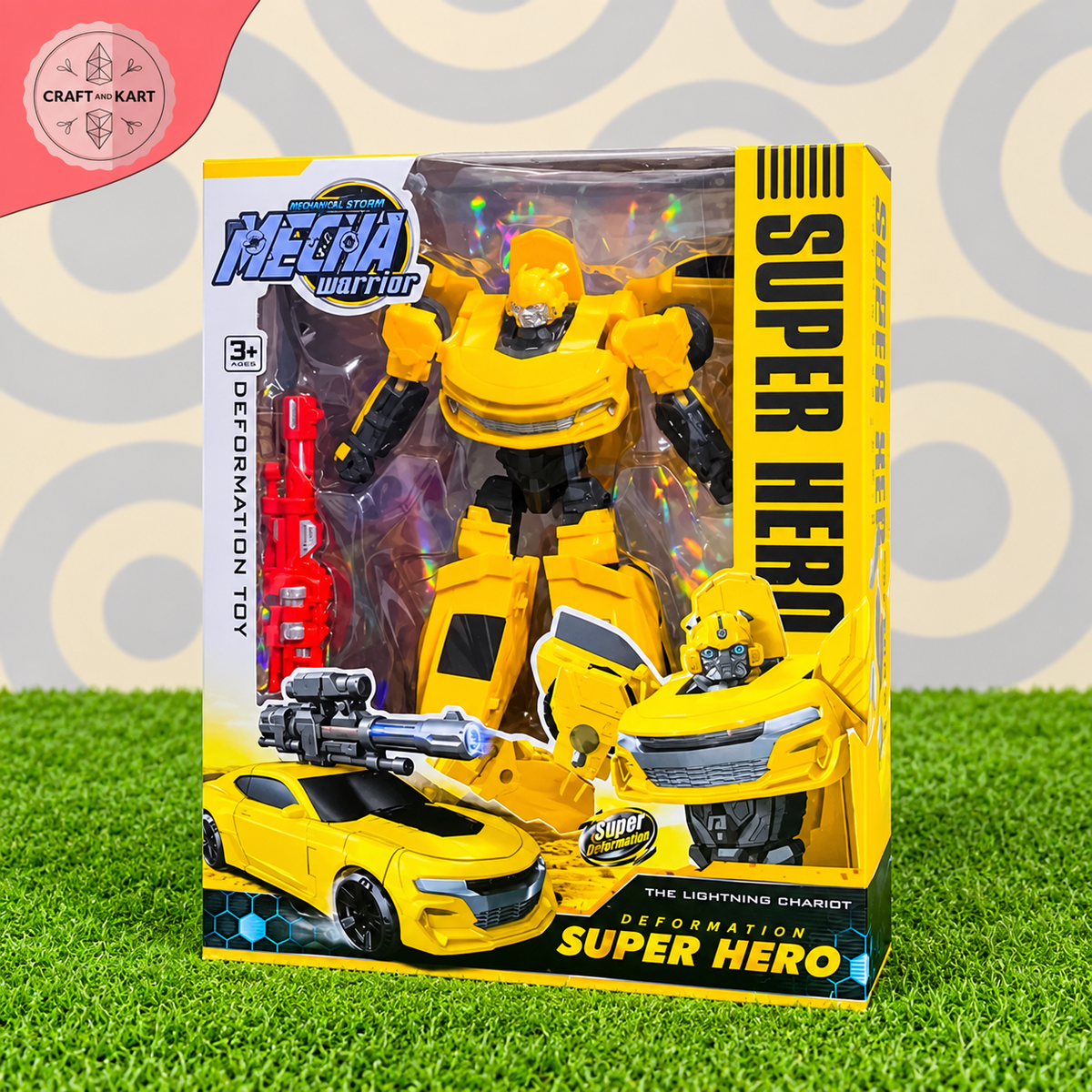 Machine Storm Mecha Warrior Yellow Car to Robot Deformation Toy | 2-in-1 Transforming Super Hero Action Figure with Blaster Weapon | Craft & Kart