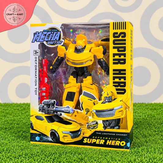 Machine Storm Mecha Warrior Yellow Car to Robot Deformation Toy | 2-in-1 Transforming Super Hero Action Figure with Blaster Weapon | Craft & Kart