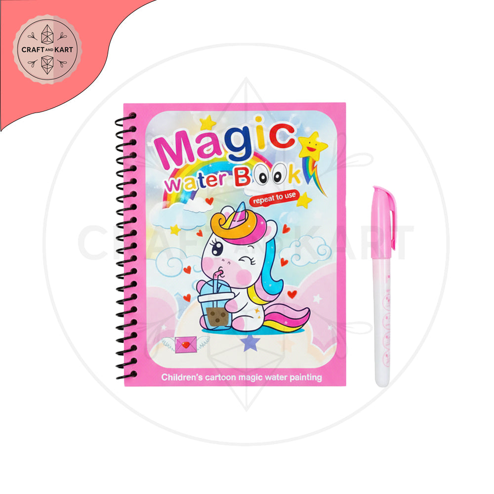 Children's cartoon magic water painting book with a unicorn design and a pen on a white background.