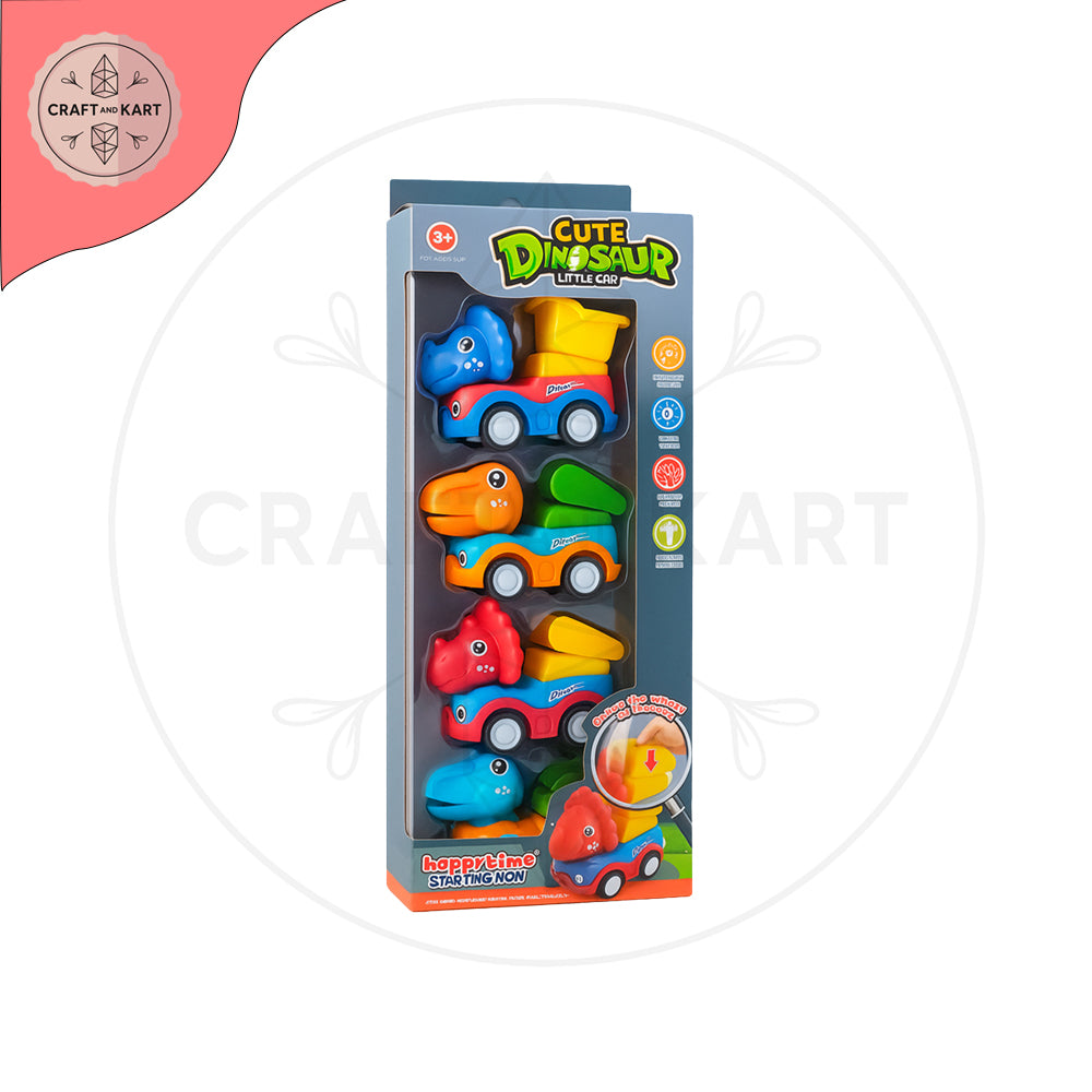 Packaged toy cars with dinosaur design on a white background