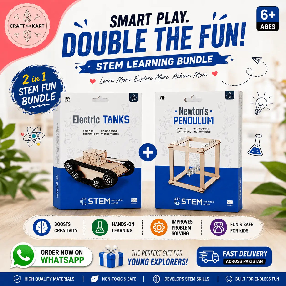 2-in-1 STEM Learning Bundle for Kids – Electric Tank & Newton’s Pendulum Educational Science DIY Kit | Craft & Kart | Craft & Kart