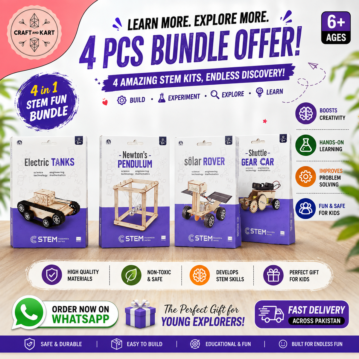 4-in-1 DIY Wooden STEM Learning Kits Bundle for Kids (Ages 6+) – Electric Tank, Newton’s Pendulum, Solar Rover & Shuttle Gear Car DIY Assembly Toys | Craft & Kart