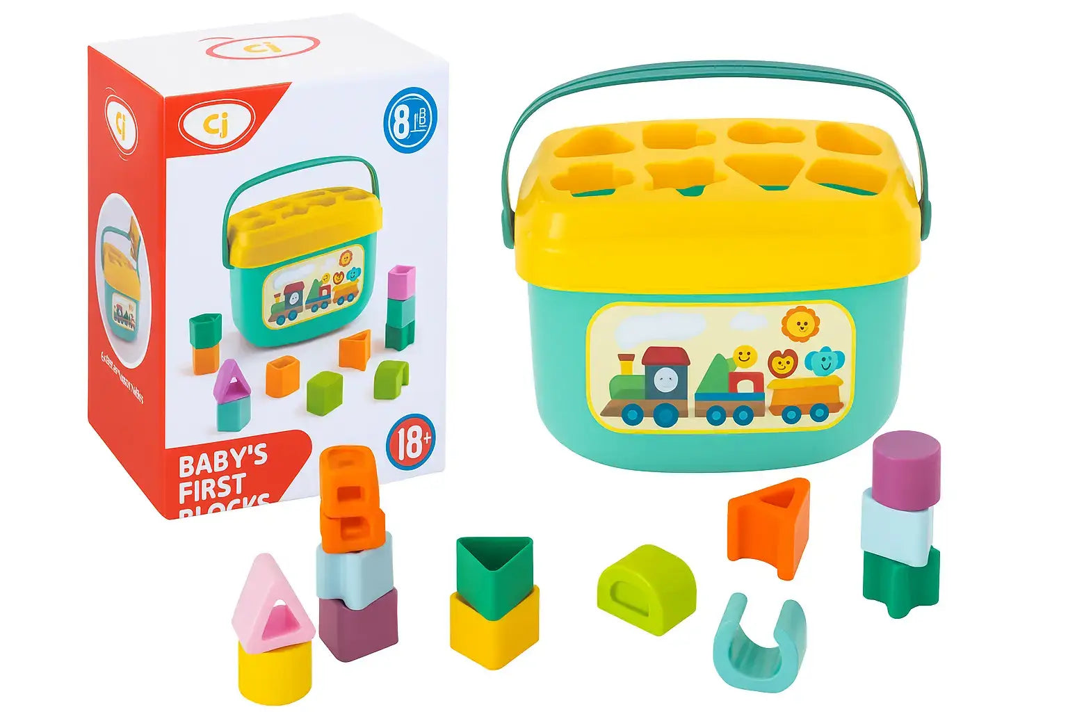 Colorful toy block set with a bucket and packaging on a white background