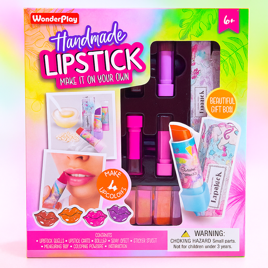 WonderPlay handmade lipstick kit packaging with colorful design and product images.