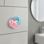 Colorful unicorn bath mat on a gray tiled bathroom floor