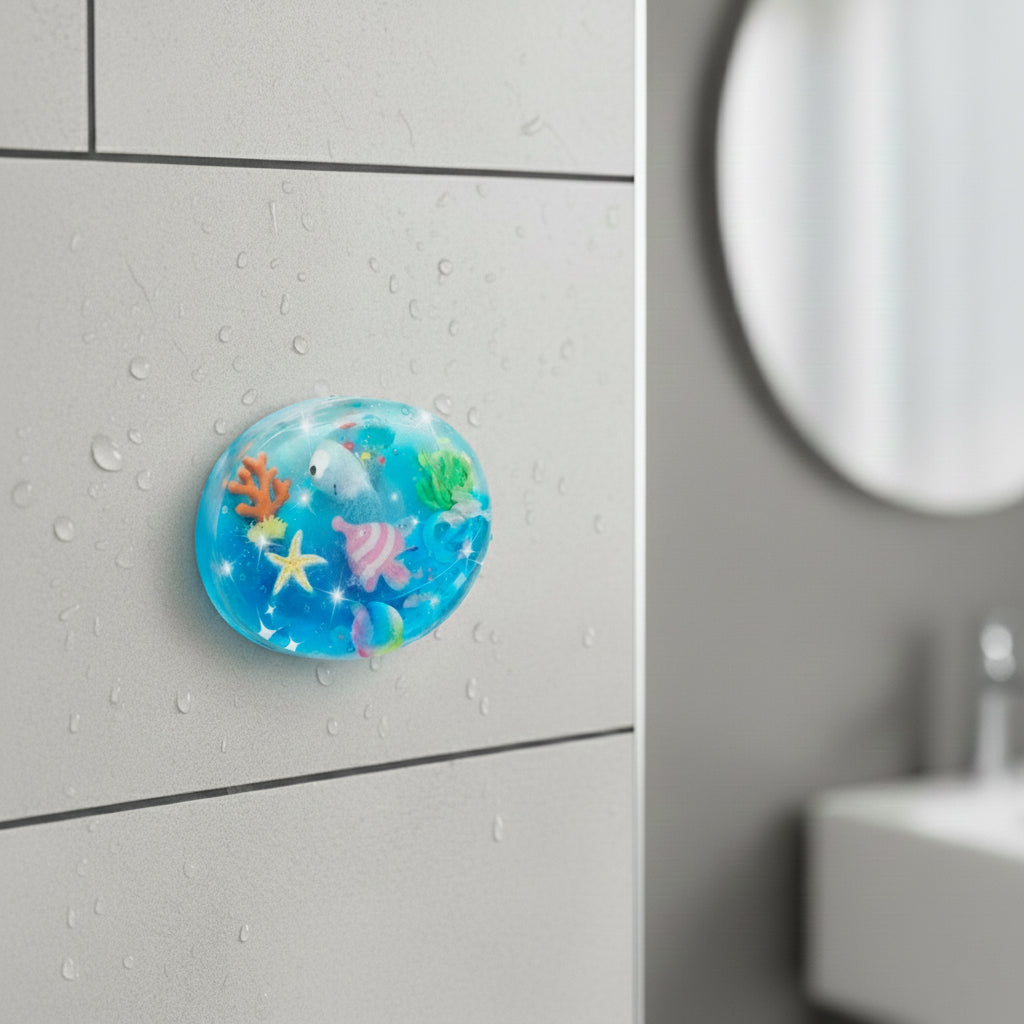 Colorful bath bomb on a tiled bathroom wall