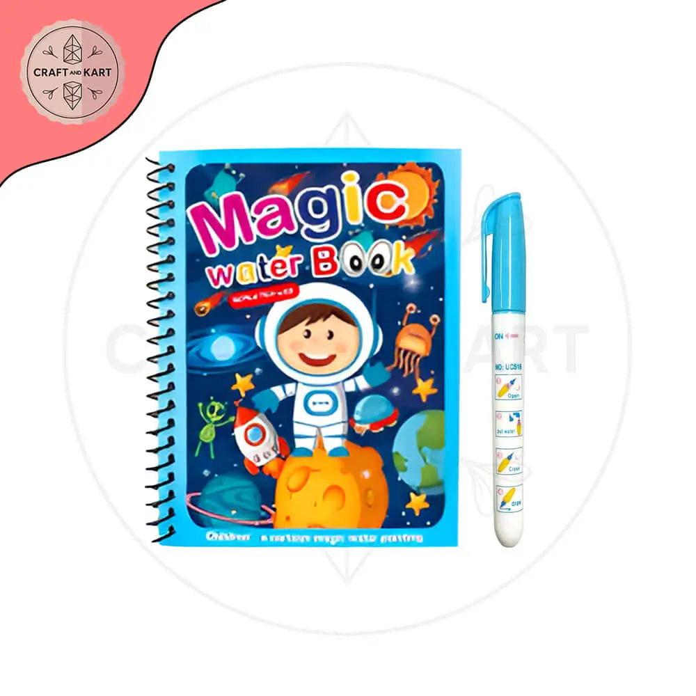 Magic water book with astronaut design and a pen on a white background