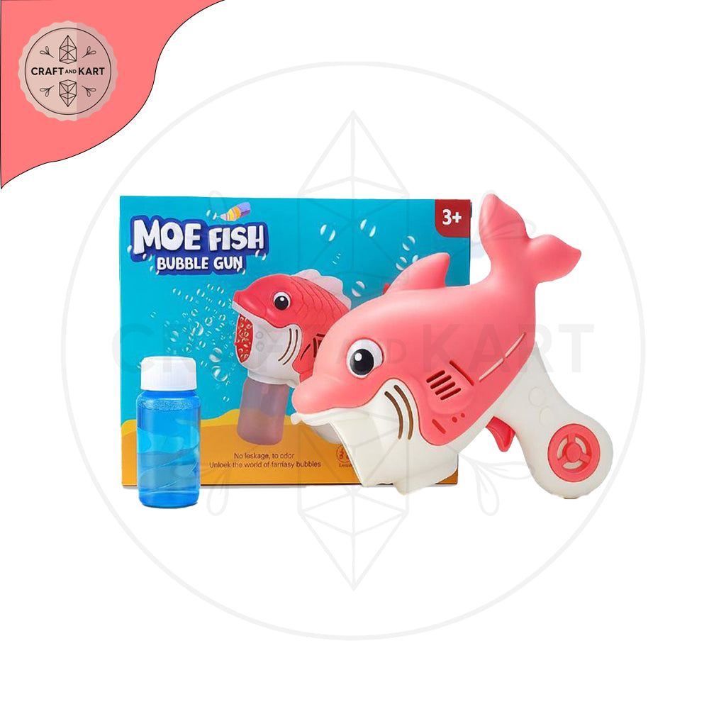 Pink fish-shaped bubble gun with blue liquid bottle and packaging on a white background