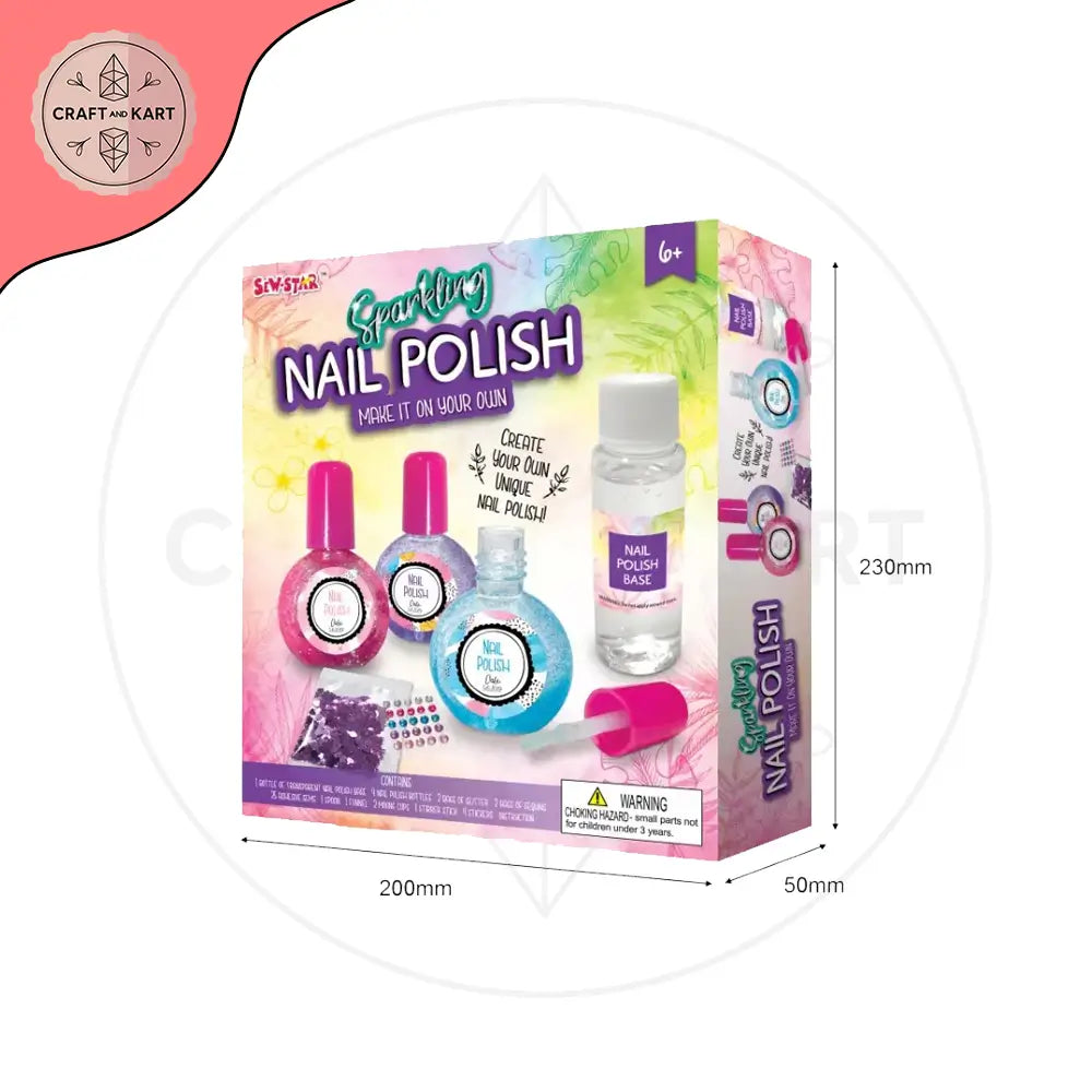 Box of Sparkling Nail Polish set with measurements on a white background