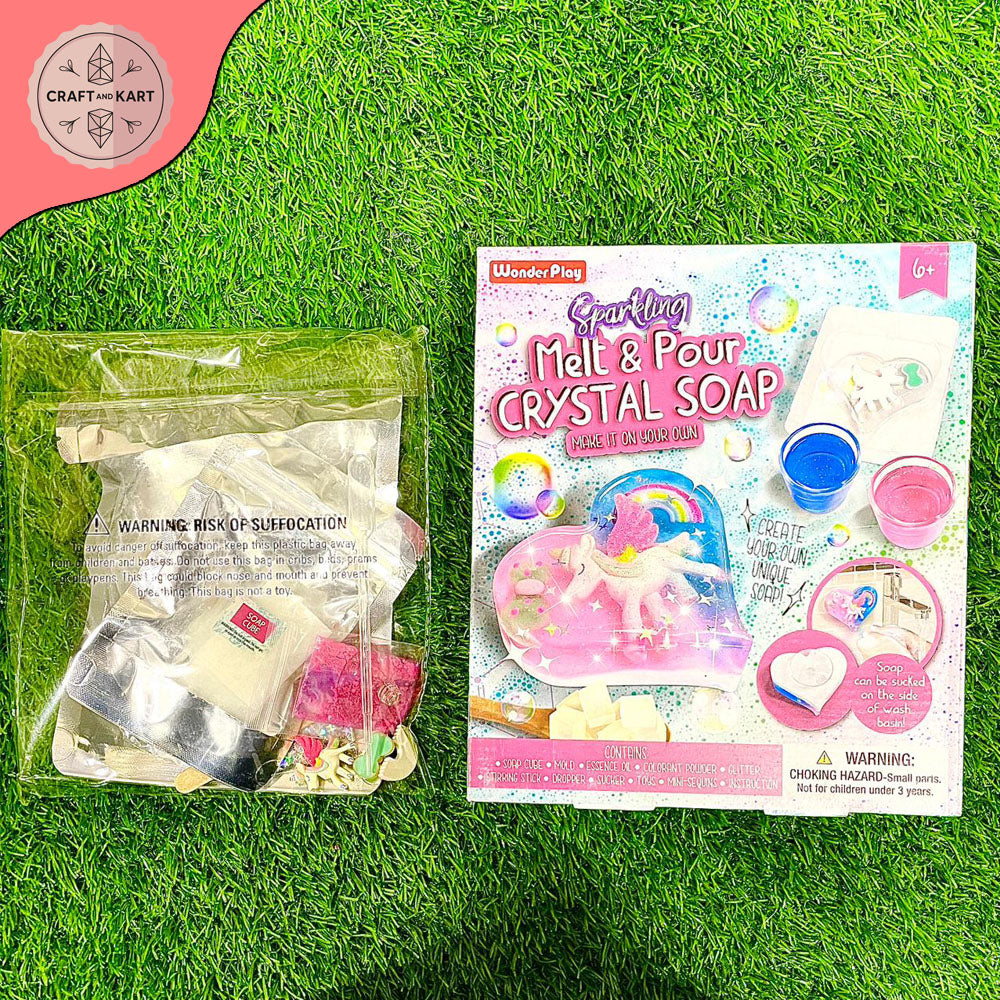 Crystal soap making kit packaging on grass with 'Craft with Kart' logo.