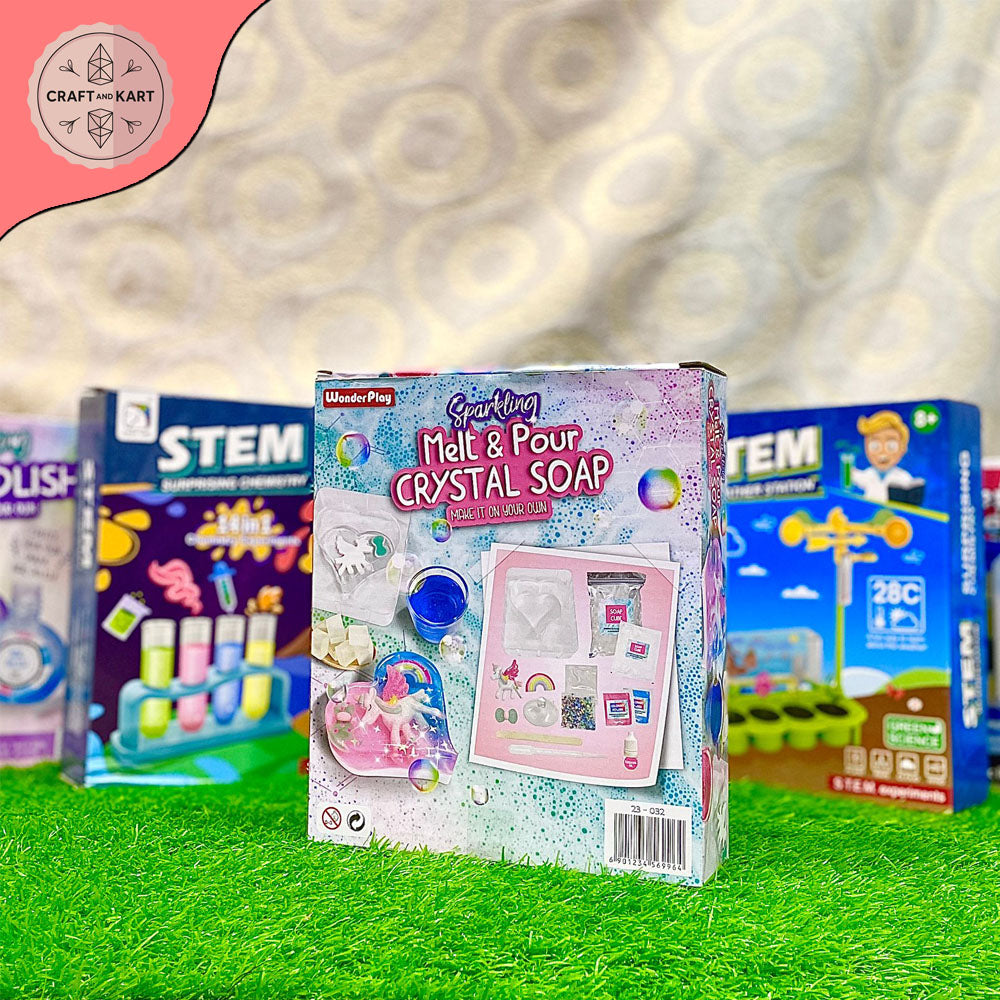Box of 'Melt & Pour Crystal Soap' kit with other STEM kits in the background