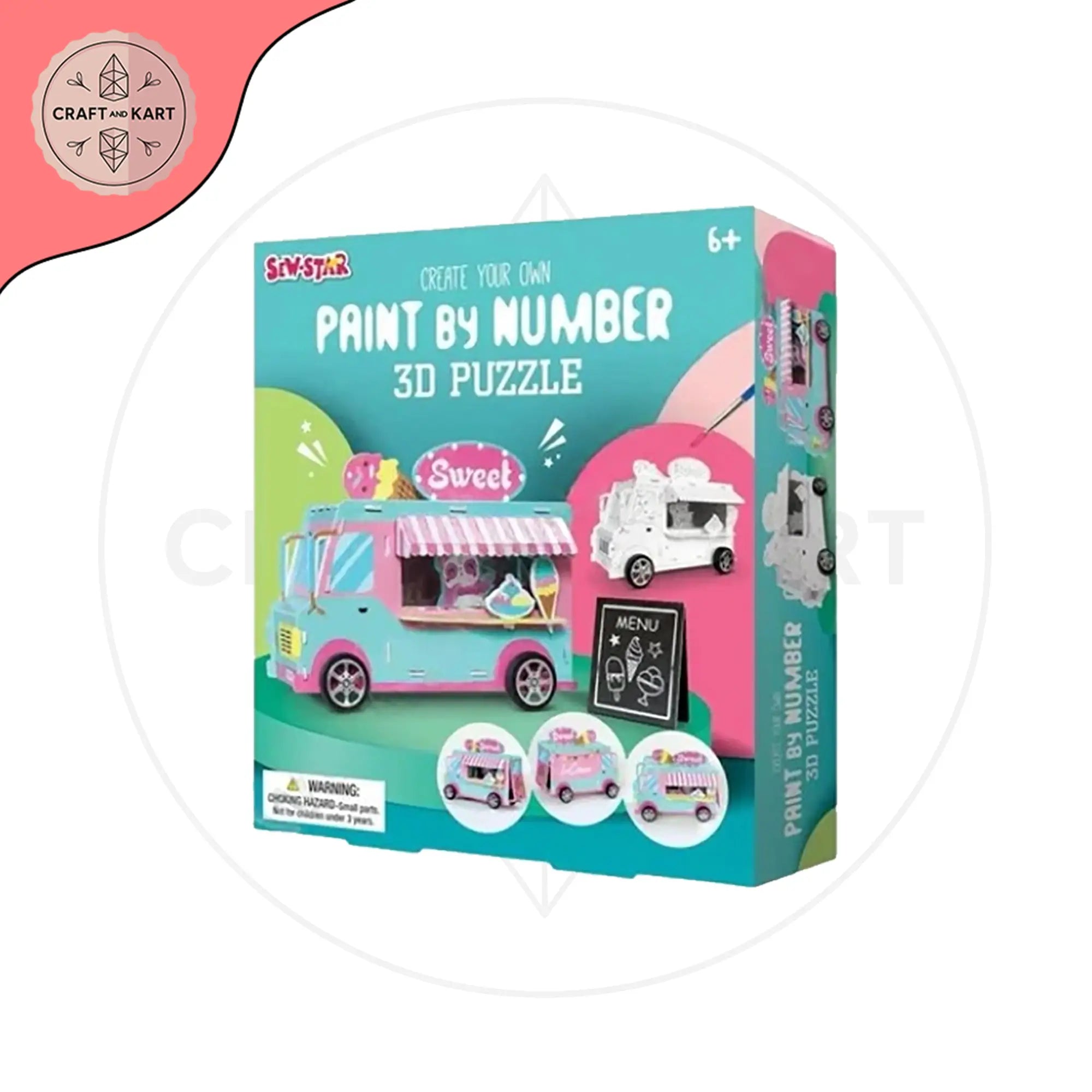Paint by number 3D puzzle packaging with ice cream truck design on a white background
