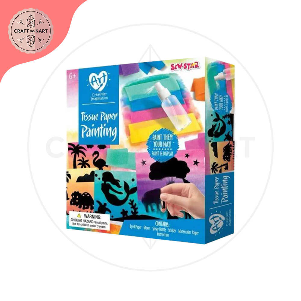 Tissue paper painting kit packaging with colorful design and text on a white background.