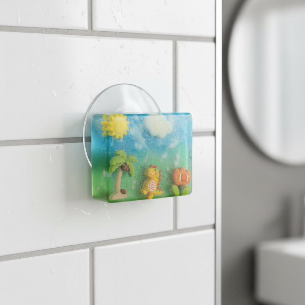 Decorative soap with a tropical design hanging on a tiled wall.