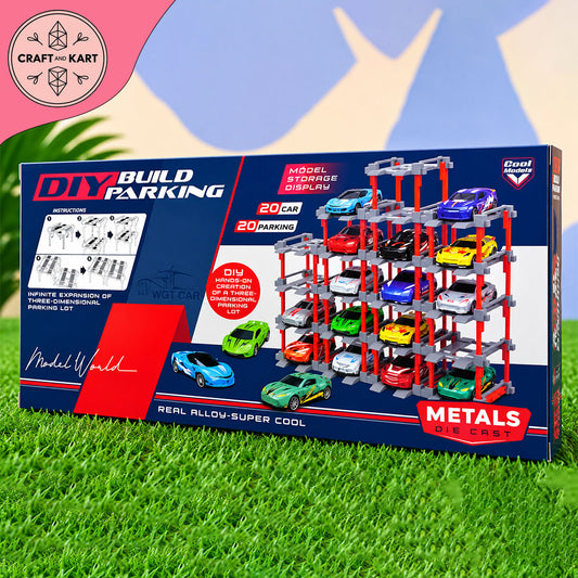 DIY Build Parking Garage Set with 20 Die-Cast Toy Cars – 20 Car Model Storage & Racing Set for Kids 3+