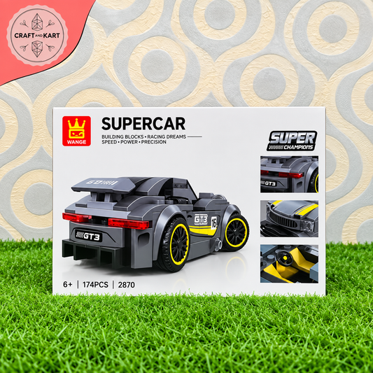DIY GT3 Supercar Building Blocks Set – 174 Pcs Realistic Racing Car Model with Rear Spoiler, Grey & Yellow Sports Car Toy for Kids 6+