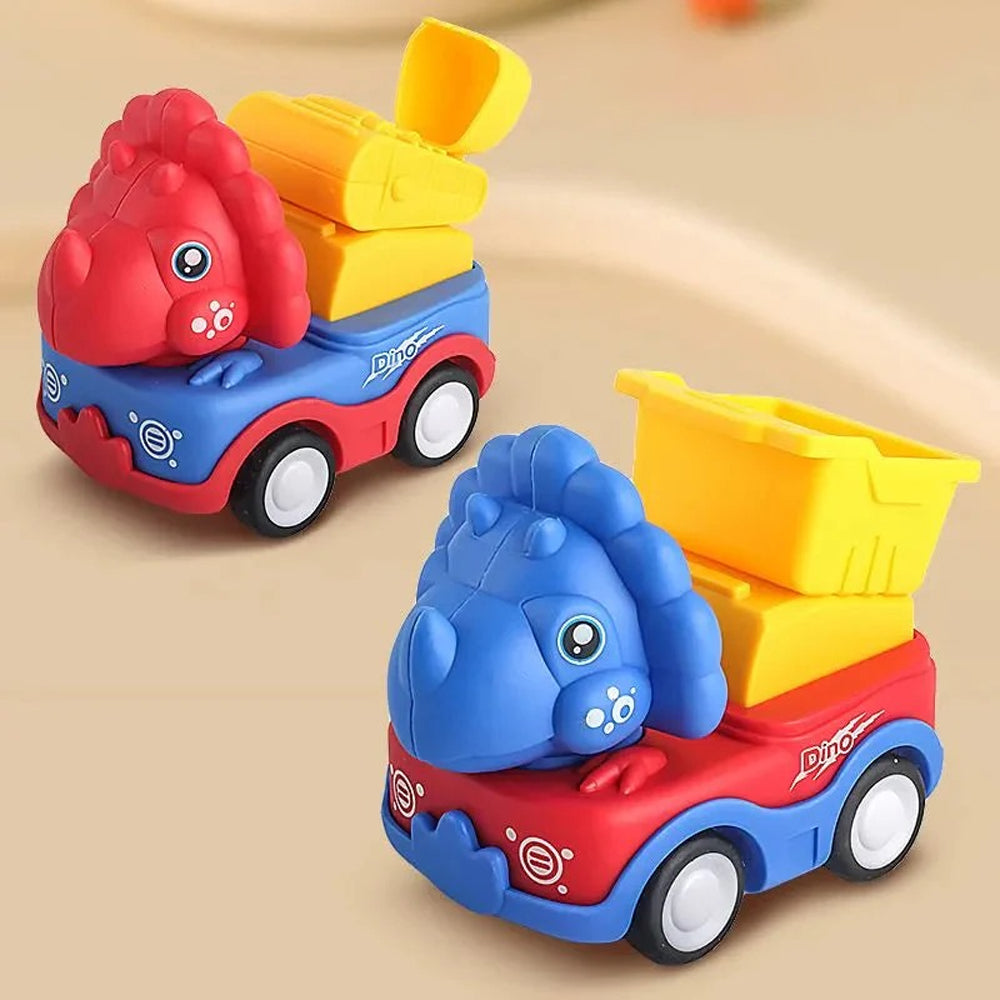 Two toy dump trucks with dinosaur designs on a beige background