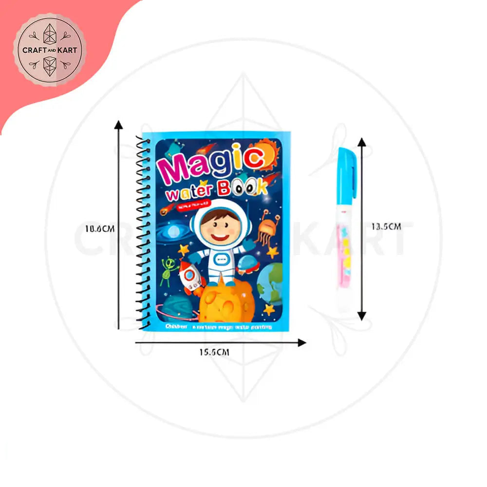 Magic water book with astronaut design and dimensions displayed
