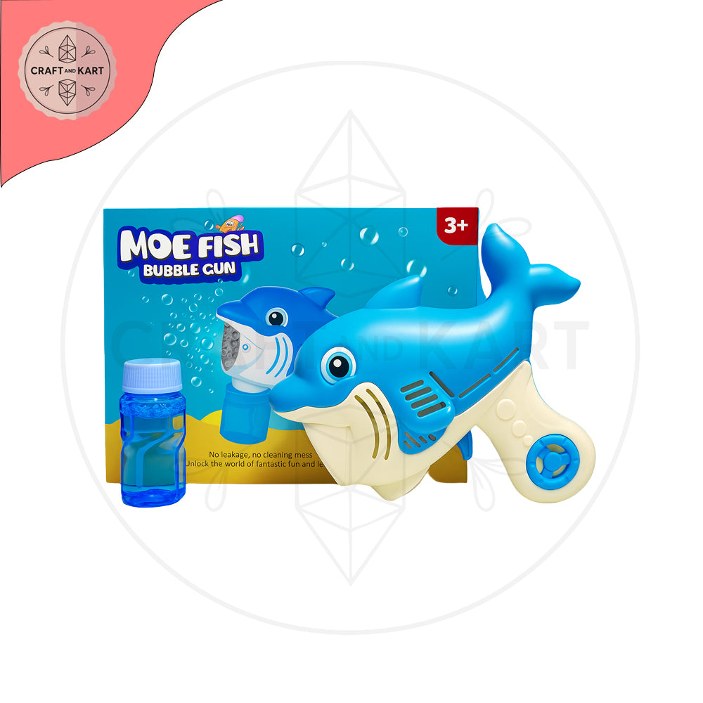 Bubble gun toy with packaging featuring a blue fish design on a white background.