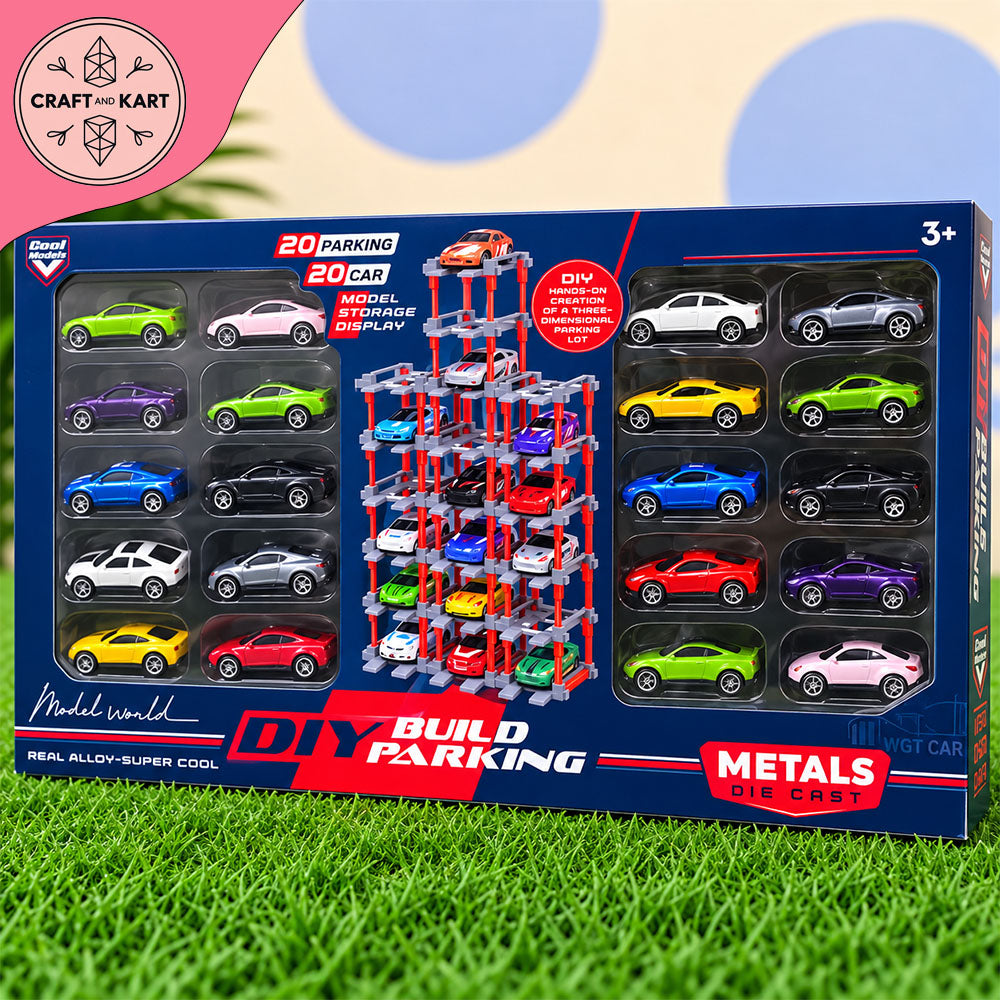 DIY Build Parking Garage Set with 20 Die-Cast Toy Cars – 20 Car Model Storage & Racing Set for Kids 3+
