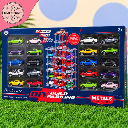 DIY Build Parking Garage Set with 20 Die-Cast Toy Cars – 20 Car Model Storage & Racing Set for Kids 3+