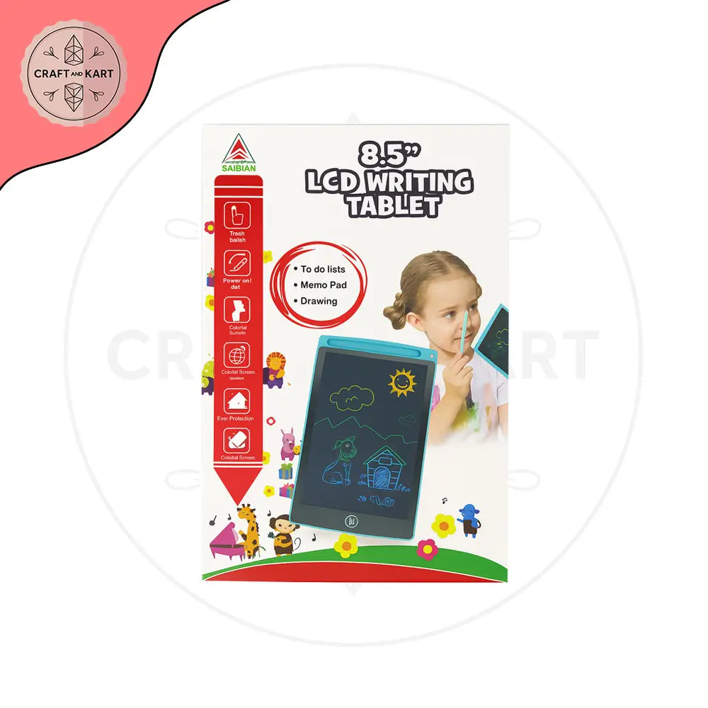 8.5-inch LCD writing tablet packaging with a child using the device on a white background.
